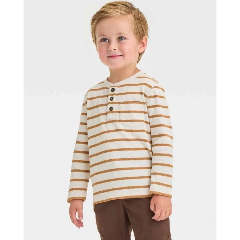 Cat & Jack Henley Top Toddler 2T Brown Cream NWT Striped Waffle Knit Long Sleeve
